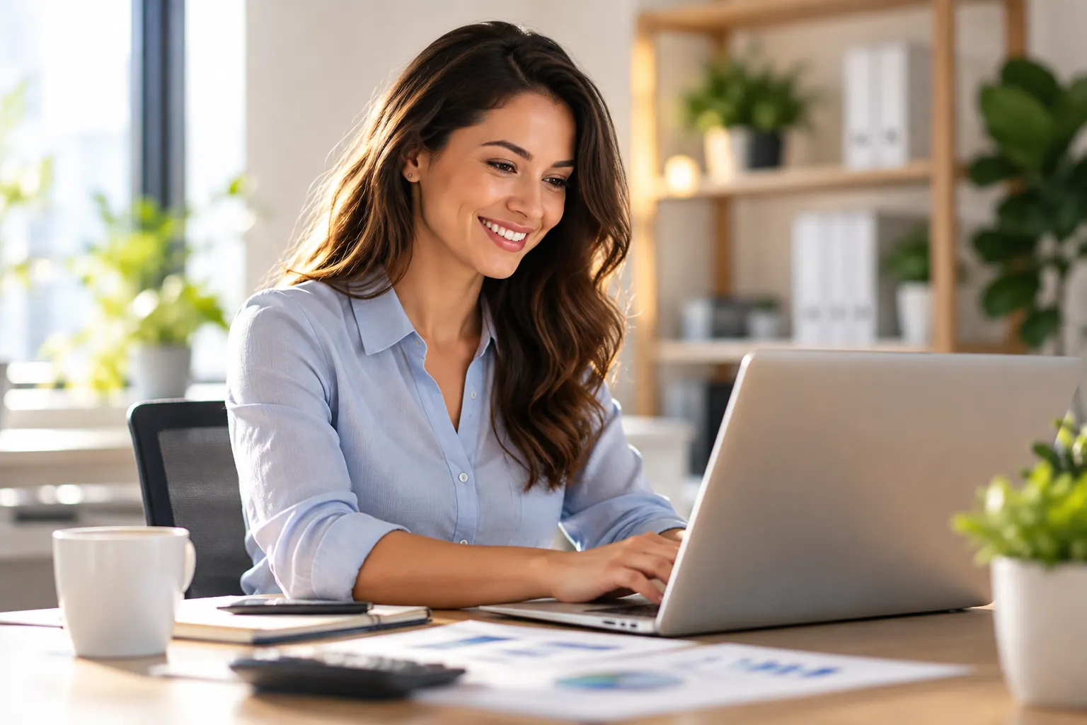 Smiling professional reviewing accounting information on a laptop in a bright office